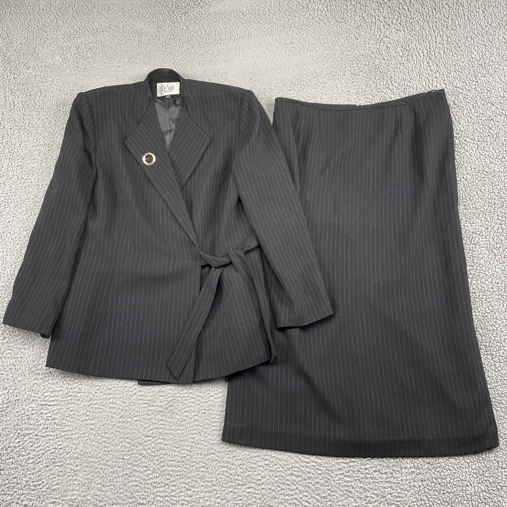 Le Suit Skirt Suit Women 14P Black Pinstripe Wrap Blazer Professional 2pc Set